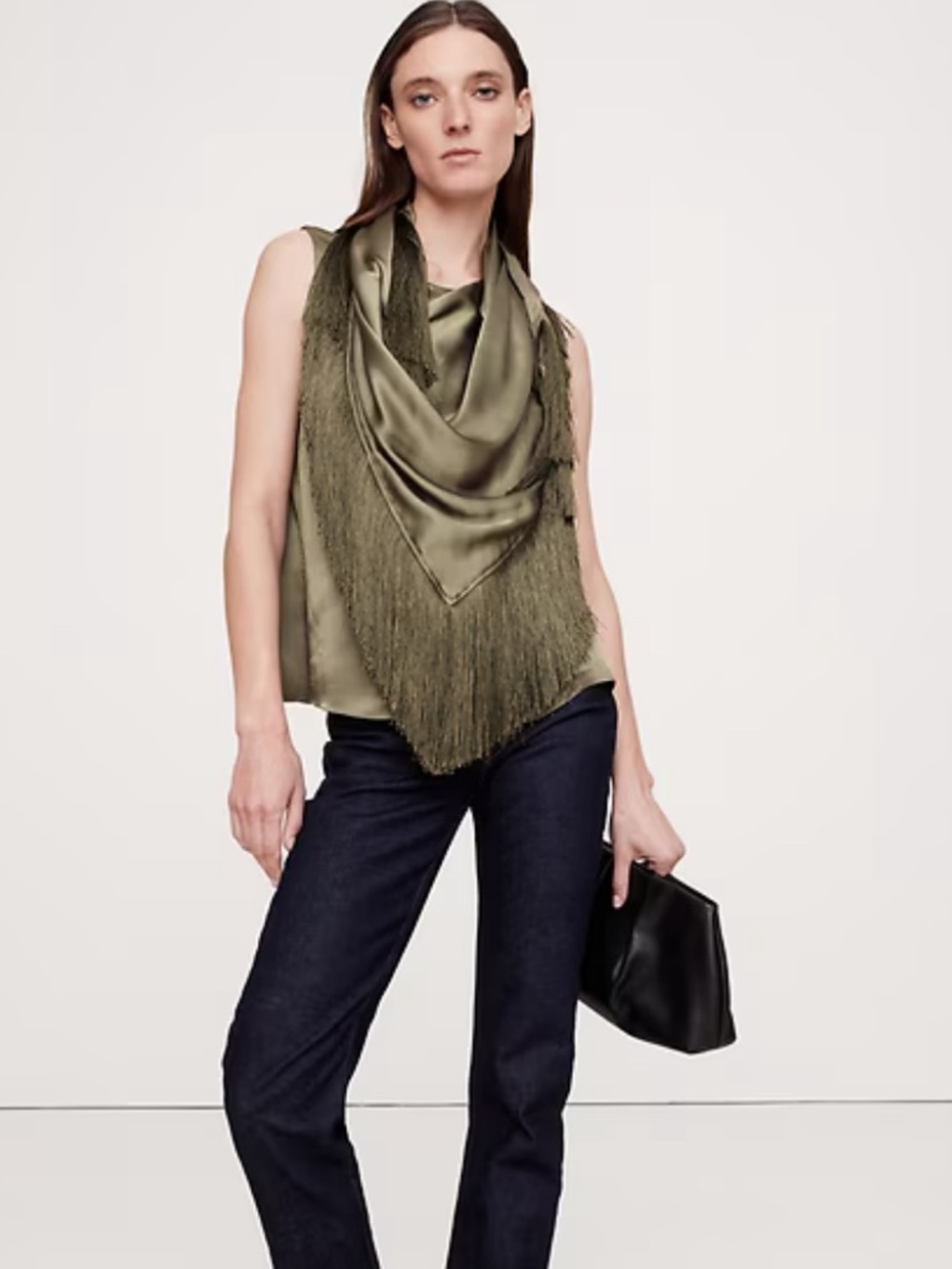 Olive Fringe Satin Top - Women